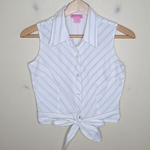 Y2K She's Cool | White & Tan Diagonal Striped Sleeveless Tie Waist Shirt Medium
